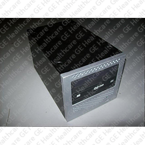 Peripheral Tower 2-bay black enclosure and silver bezel with DVD-RAM and DVD-RW drives with IEC attention symbol.